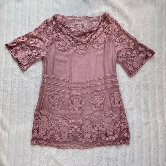 SOFT SURROUNDINGS dusty pink silk Tessa embroidered chiffon tunic top - Picture 6 of 10